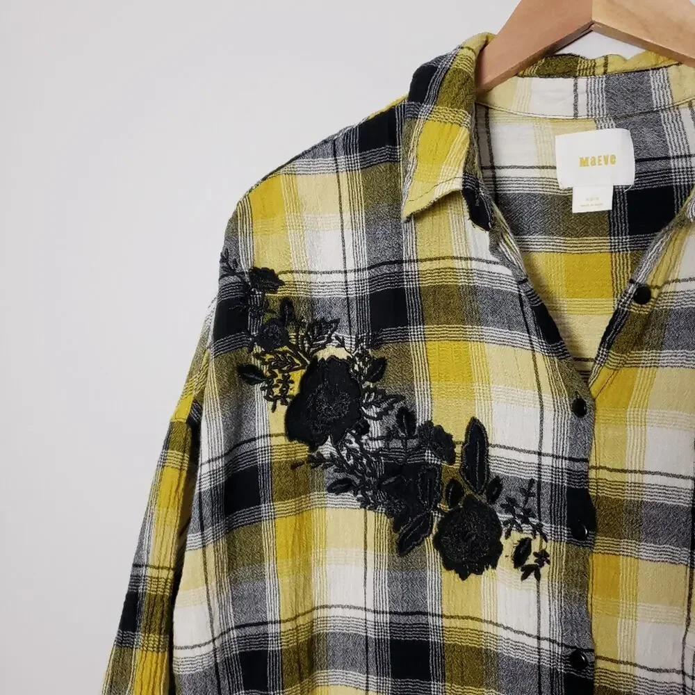 Maeve Anthropologie Plaid Flannel Tunic Floral Embroidered Oversized Shirt XS - Picture 11 of 12